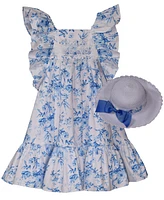 Bonnie Jean Little Girls 2-Piece Toile Pinafore Dress and Matching Hat Set