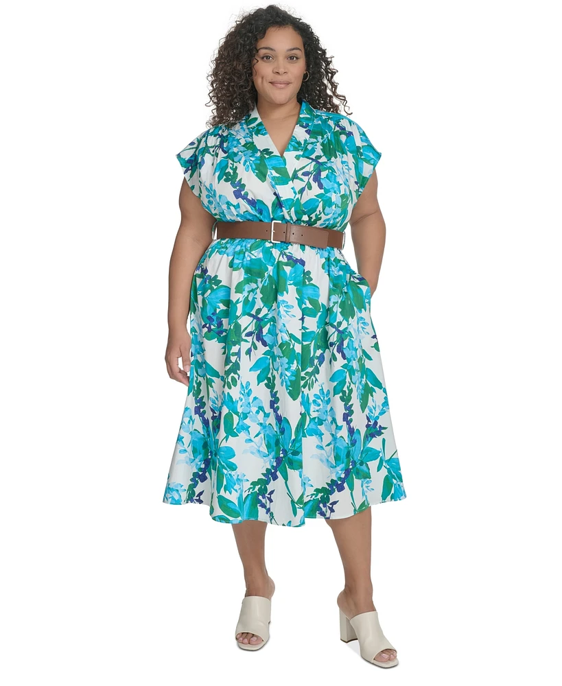 Calvin Klein Plus Floral-Print Belted Midi Dress
