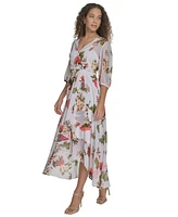 Calvin Klein Women's Floral Chiffon 3/4-Sleeve High-Low Dress