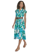 Calvin Klein Petite Floral-Print Belted Midi Dress