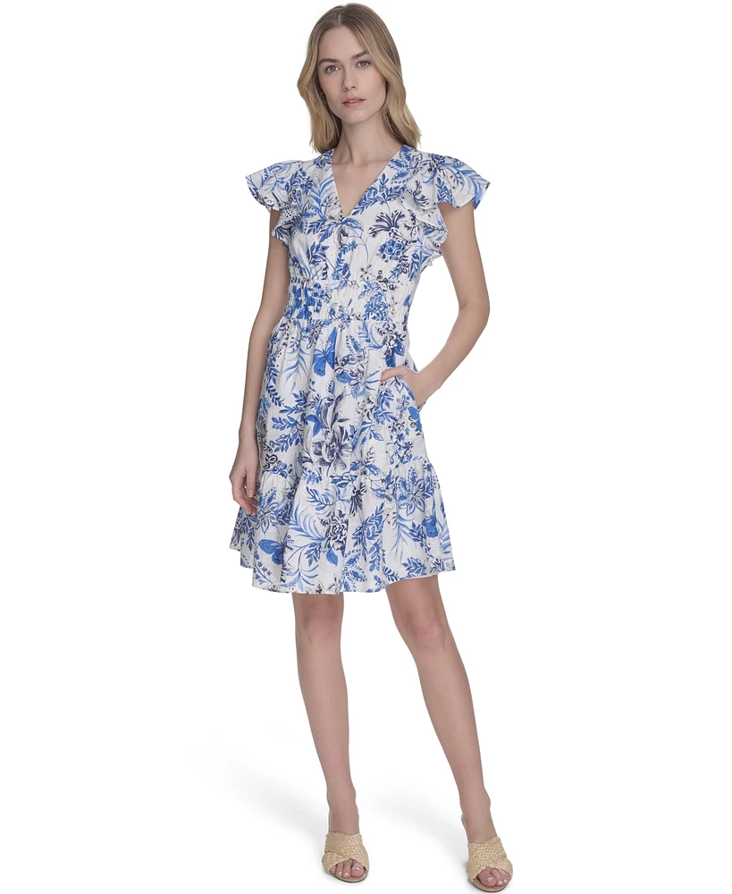 Eliza J Petite Floral Flutter-Sleeve Smocked-Waist Dress
