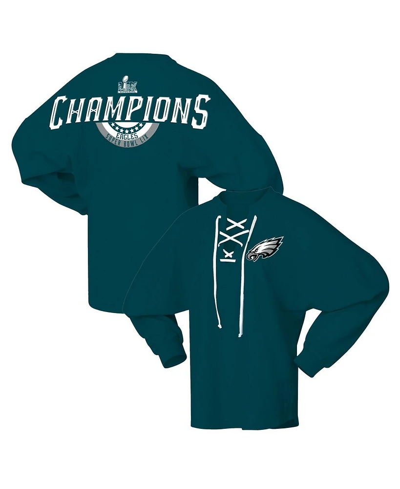 Fanatics Women's Midnight Green Philadelphia Eagles Super Bowl Lix Champions Lace-Up Spirit Jersey Long Sleeve T-Shirt