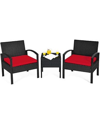 Gymax 3 Piece Outdoor Patio Rattan Conversation Furniture Set Yard w/ Cushions & Coffee Table