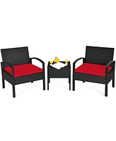 Gymax 3 Piece Outdoor Patio Rattan Conversation Furniture Set Yard w/ Cushions & Coffee Table