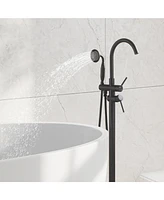 Freestanding Bathtub Faucet Floor Mount Tub Filler Faucet with Handheld Shower Dual Handle Bathtub Faucet Set with Stainless Steel Water Supply Pipe,