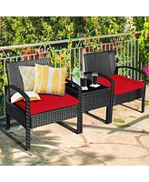 Gymax 3 Piece Outdoor Patio Rattan Conversation Furniture Set Yard w/ Cushions & Coffee Table