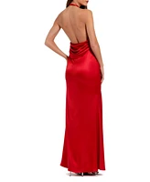Mac Duggal Women's Fitted Satin Sleeveless Halter Gown With 3D Flower