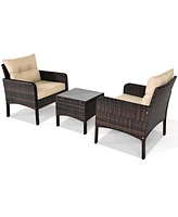 Gymax 3PCS Outdoor Patio Rattan Furniture Set w/ Chairs Coffee Table Cushions