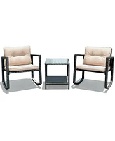 Gymax 3 Pcs Rattan Garden Patio Furniture Rocking Chair Cushioned Sofa Unit