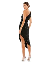 Mac Duggal Women's Rhinestone Encrusted One Shoulder Asymmetrical Hem Midi Dress