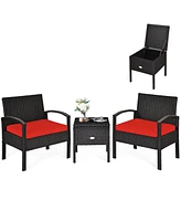 Gymax 3 Piece Outdoor Rattan Conversation Furniture Set w/ Cushion & Storage Table