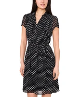 Msk Petite Dot-Print Tie-Waist Split-Neck A-Line Dress