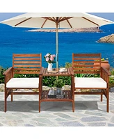 Gymax Patio Outdoor Conversation Set Acacia Wood Loveseat w/ Cushion Table