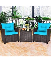 Gymax 3PCS Outdoor Patio Rattan Conversation Set w/ Cushion Coffee Table