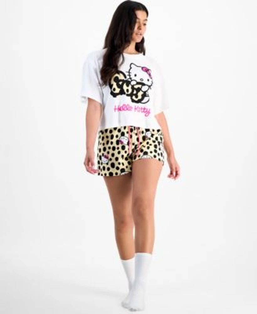 Love Tribe Juniors Hello Kitty Leopard Tee Pull On Lounge Shorts