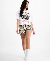 Love Tribe Juniors Hello Kitty Leopard Tee Pull On Lounge Shorts