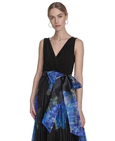 Eliza J Petite Mixed-Media V-Neck Sleeveless Pleated Gown