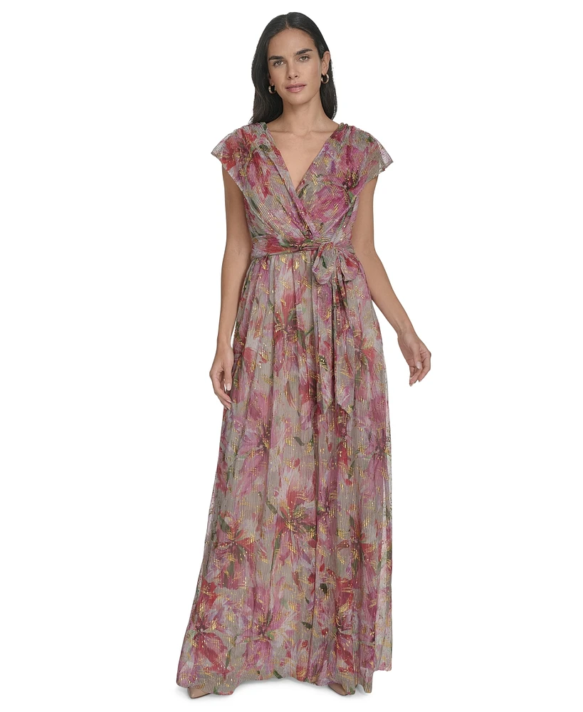 Jessica Howard Women's Metallic Printed Surplice Gown
