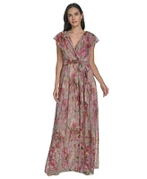 Jessica Howard Women's Metallic Printed Surplice Gown