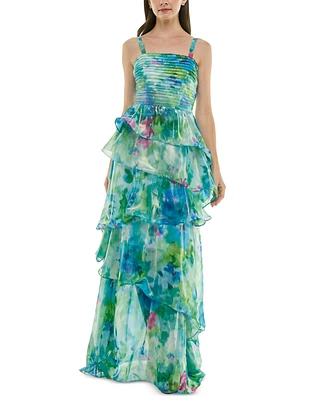 Taylor Women's Pleated-Bodice Tiered Chiffon Gown