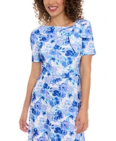 London Times Petite Floral-Print Bow-Neck Midi Dress