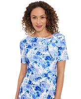 London Times Petite Floral-Print Bow-Neck Midi Dress