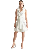 London Times Petite Ruffle-Collar Bubble-Hem Dress