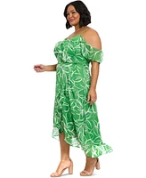 London Times Plus Printed Cold-Shoulder Ruffle Dress
