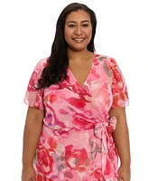 London Times Plus Floral Flutter-Sleeve Ruffle Dress