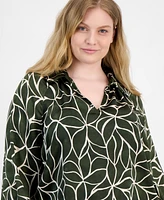 Vince Camuto Plus Printed Split-Neck Blouson-Sleeve Top