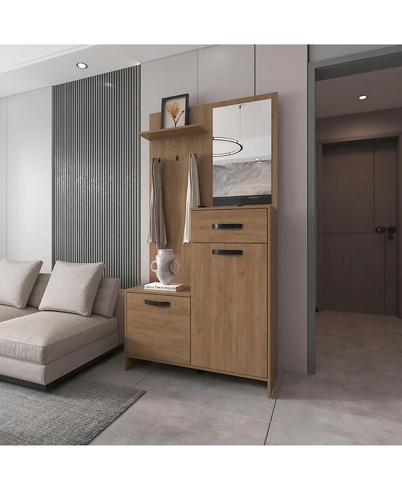 Fm Furniture Elko Hall Tree Multistorage with a Mirror, Natural Oak