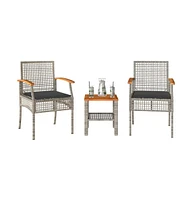 3 Piece Bistro Set with Cushions Poly Rattan Acacia Wood