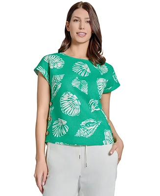 Jones New York Petite Printed Side-Button Blouse