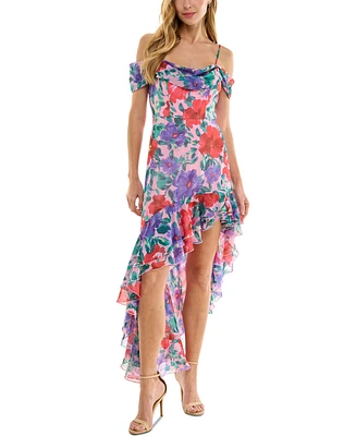 City Studios Juniors' Floral-Print Cold-Shoulder Ruffle-Trim Dress