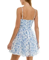 Juniors' Floral Pleated Tulle Fit & Flare Dress