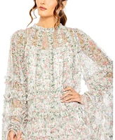 Mac Duggal Women's Floral Print Long Flare Sleeve Mesh A-Line Dress