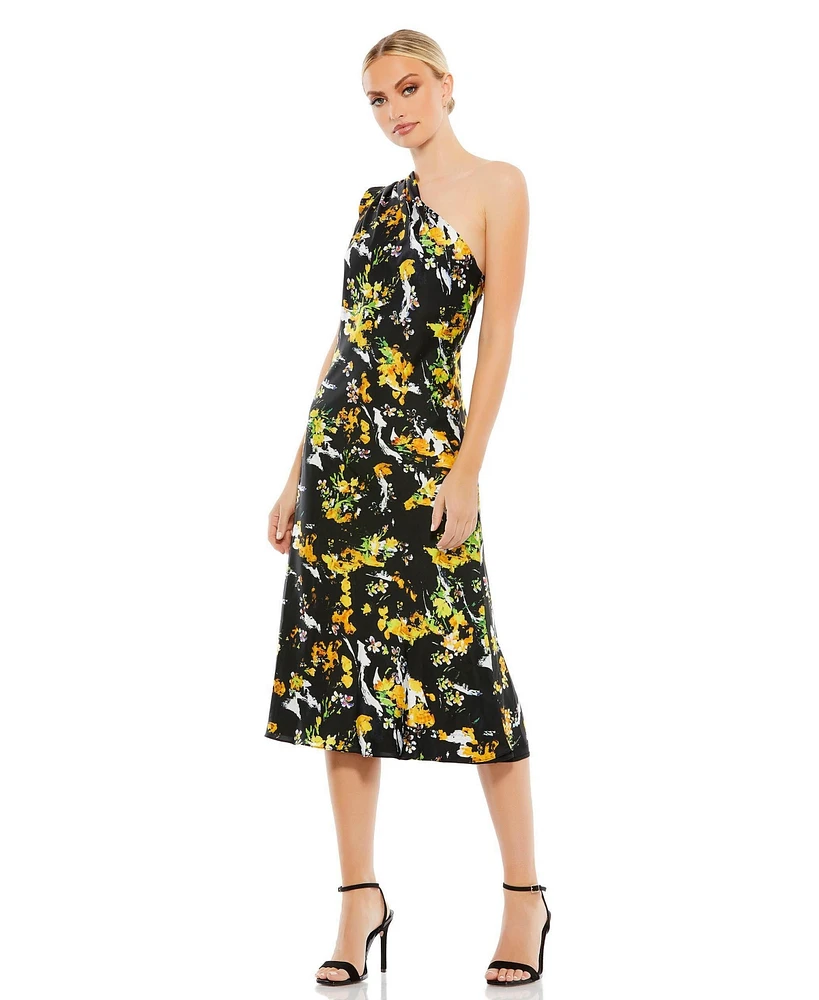 Mac Duggal Women's Floral Print Draped One Shoulder Midi Dress