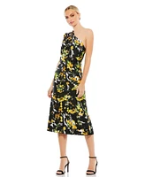 Mac Duggal Women's Floral Print Draped One Shoulder Midi Dress