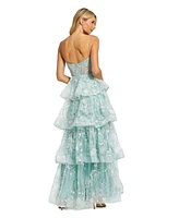 Mac Duggal Women's Spaghetti Strap Applique Tiered Ruffle Gown