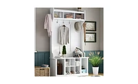 70.80"Hall Tree with 6 Hooks , Coat Hanger, Entryway Bench, Storage Bench, 3-in-1 Design, 39.4INCH, for Entrance, Hallway(White)