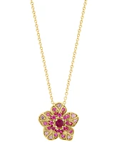 Effy Pink Sapphire (5/8 ct. t.w.) & Ruby (1/10 ct. t.w.) Flower Pendant Necklace in 14k Rose Gold, 17" + 1" extender