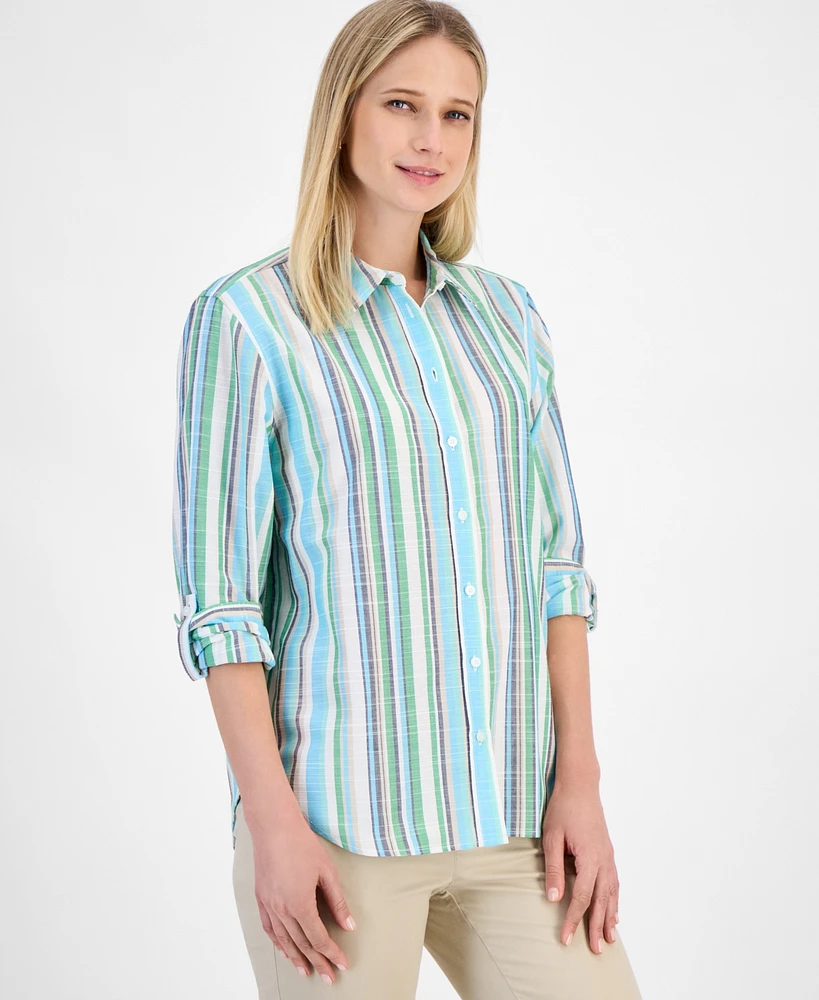 Nautica Jeans Women's Striped Roll-Tab Button Shirt