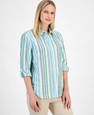 Nautica Jeans Women's Striped Roll-Tab Button Shirt