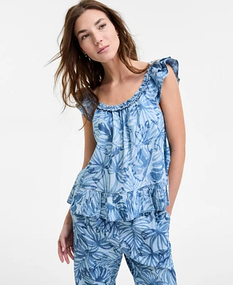 Nautica Jeans Women's Palm-Print Sleeveless Shoulder-Ruffle Top
