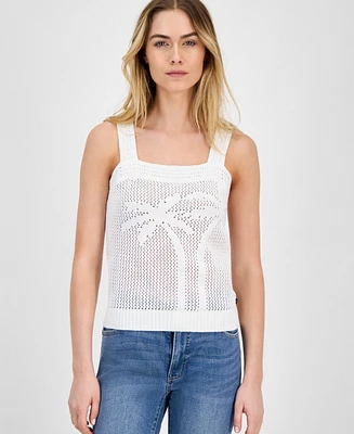 Nautica Jeans Women's Cotton Palm-Tree Open-Knit Sleeveless Sweater