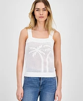 Nautica Jeans Women's Cotton Palm-Tree Open-Knit Sleeveless Sweater