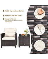 Gymax 3PCS Patio Outdoor Rattan Conversation Set Garden Yard w/ Cushions Coffee Table