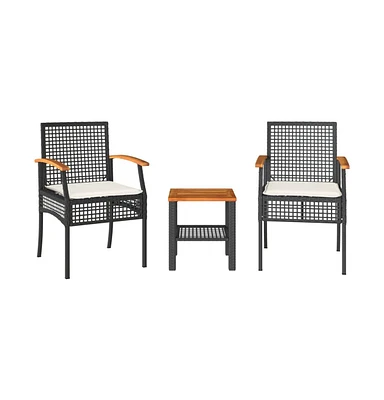 3 Piece Bistro Set with Cushions Poly Rattan Acacia Wood