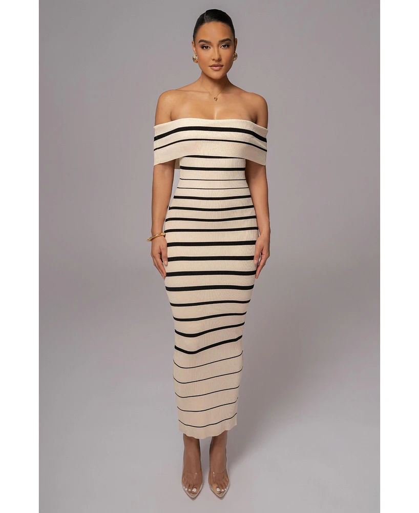 Jluxlabel Women's Ivory Off The Shoulder Striped Dress