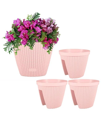Aoodor 12'' Balcony Rattan Pattern Railing Planter Box with Drainage Holes and Adjustable Brackets for Outdoor Garden Patio,Deck,Fence Set of 4